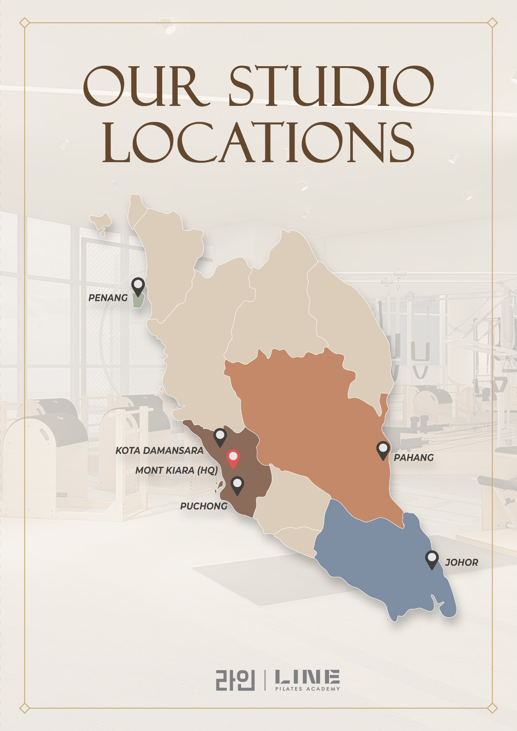 Map of Malaysia showing LINE Pilates studio locations